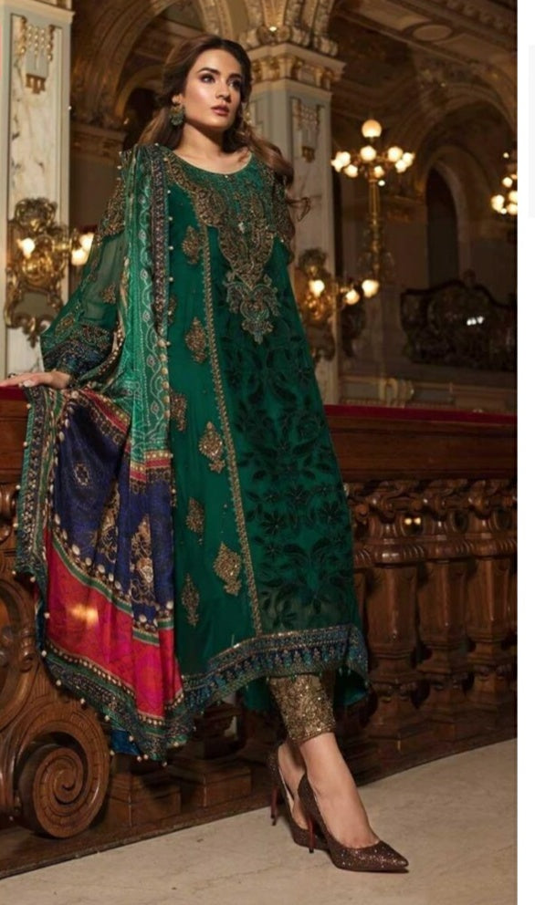 Maria B - Emberald Green  -Full Embroidery Chiffon Suit with digital printed Silk Dupatta