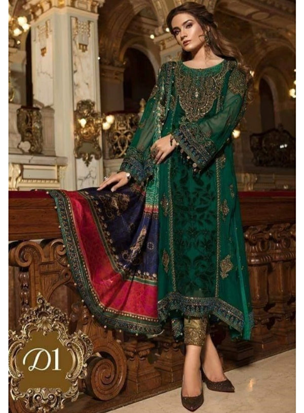 Maria B - Emberald Green  -Full Embroidery Chiffon Suit with digital printed Silk Dupatta