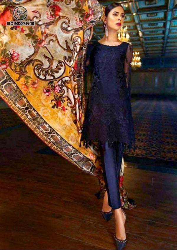 Baroque full embroidery net suit with digital printed silk Dupatta